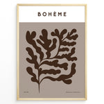 Indlæs billede til gallerivisning Framed Bohème poster featuring abstract brown botanical leaf design on a taupe background with minimalist typography.
