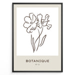 Indlæs billede til gallerivisning Framed Botanique poster featuring minimalist floral line art of two flowers on a white and beige background.
