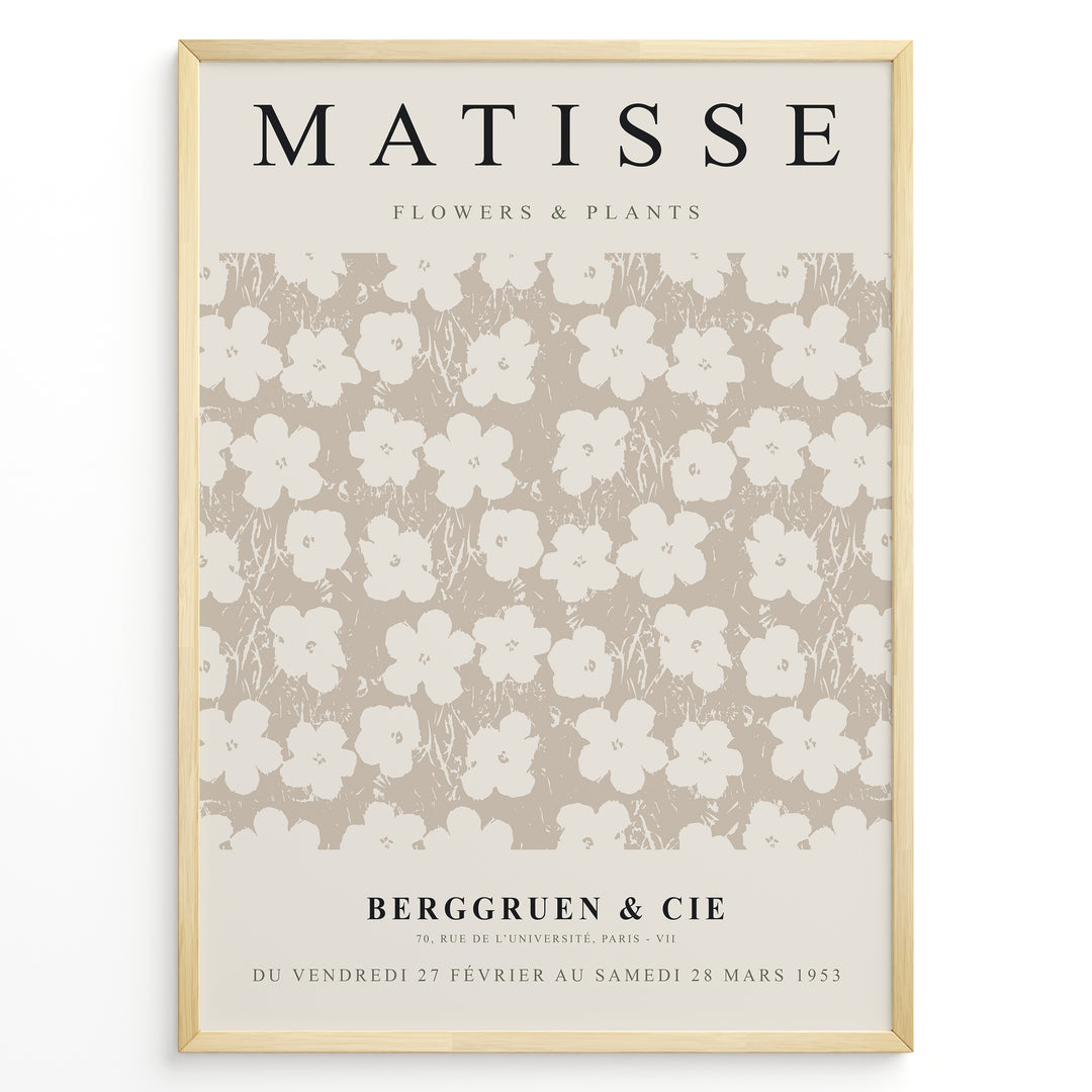 Framed Matisse Flowers & Plants poster featuring beige and cream floral pattern with Berggruen & Cie text at the bottom.