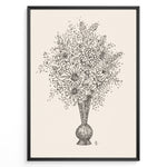Indlæs billede til gallerivisning Framed vintage-style poster featuring a black line art sketch of flowers in a vase on a beige background.
