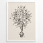 Indlæs billede til gallerivisning Framed vintage-style poster featuring a black line art sketch of flowers in a vase on a beige background.
