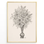 Indlæs billede til gallerivisning Framed vintage-style poster featuring a black line art sketch of flowers in a vase on a beige background.
