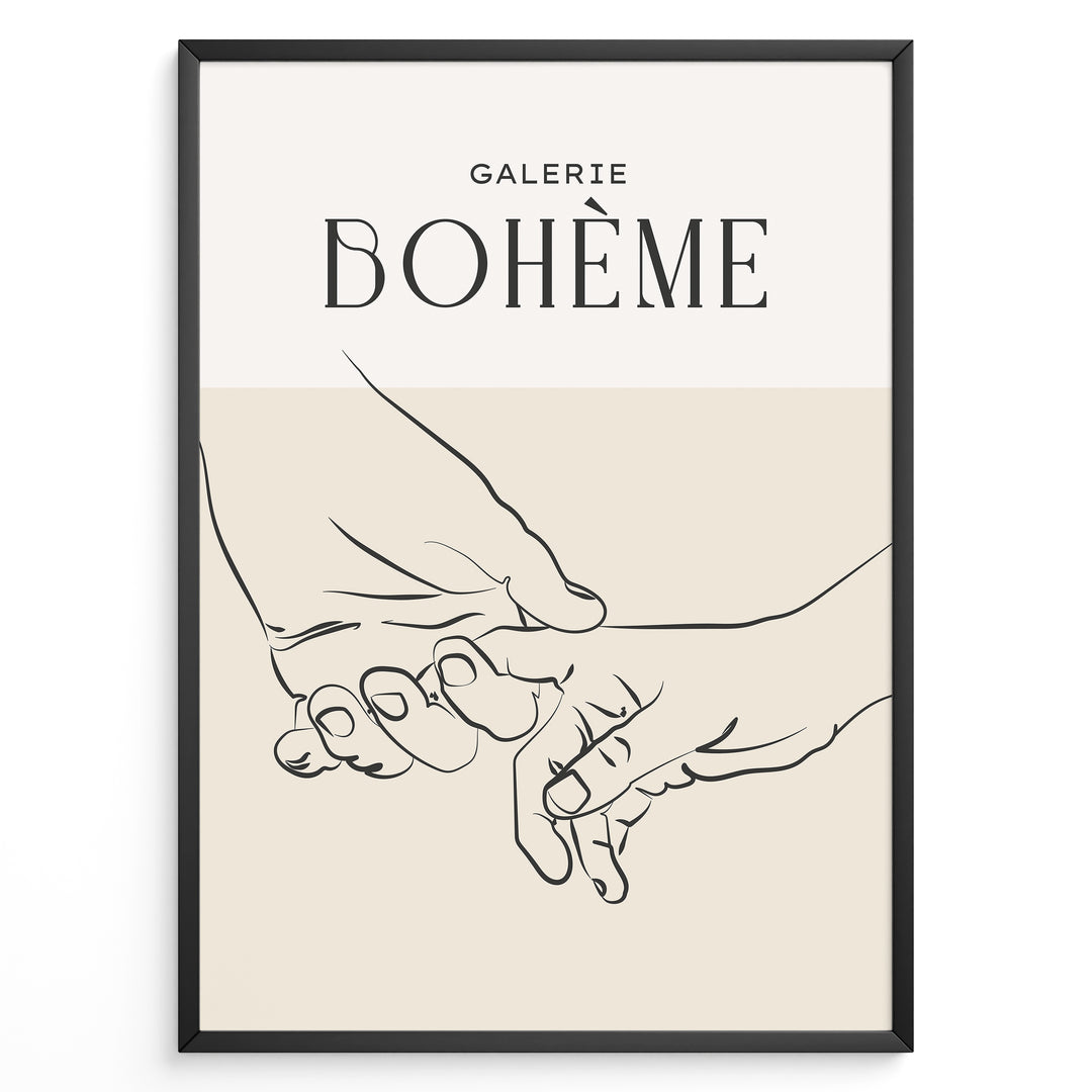 Framed Galerie Bohème poster featuring minimalist black line art of two hands holding each other on a beige and white background.