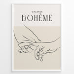 Indlæs billede til gallerivisning Framed Galerie Bohème poster featuring minimalist black line art of two hands holding each other on a beige and white background.
