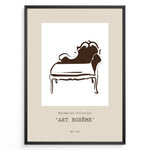 Indlæs billede til gallerivisning Framed Art Bohème poster featuring minimalist brown line art of a vintage chaise lounge on a beige background.

