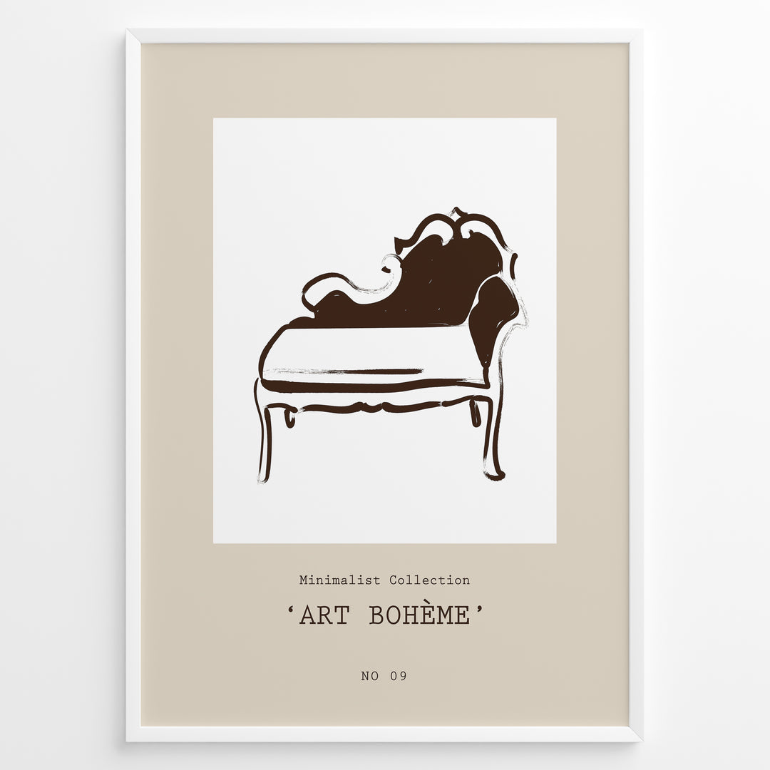 Framed Art Bohème poster featuring minimalist brown line art of a vintage chaise lounge on a beige background.