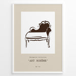 Indlæs billede til gallerivisning Framed Art Bohème poster featuring minimalist brown line art of a vintage chaise lounge on a beige background.
