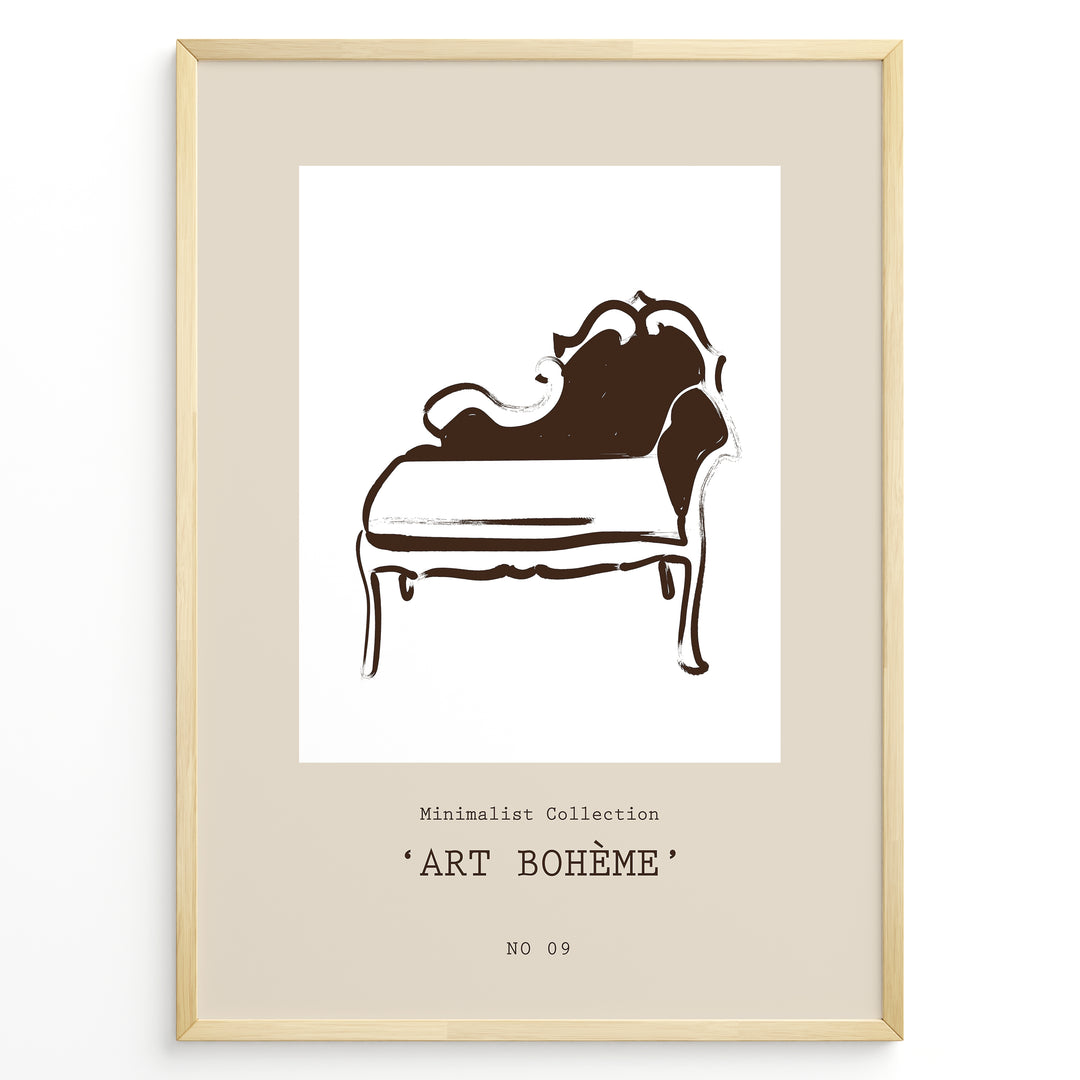 Framed Art Bohème poster featuring minimalist brown line art of a vintage chaise lounge on a beige background.