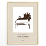 Indlæs billede til gallerivisning Framed Art Bohème poster featuring minimalist brown line art of a vintage chaise lounge on a beige background.
