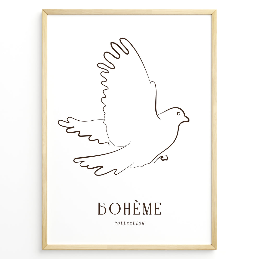 Framed Bohème collection poster featuring minimalist brown line art of a flying dove on a white background.