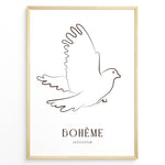 Indlæs billede til gallerivisning Framed Bohème collection poster featuring minimalist brown line art of a flying dove on a white background.
