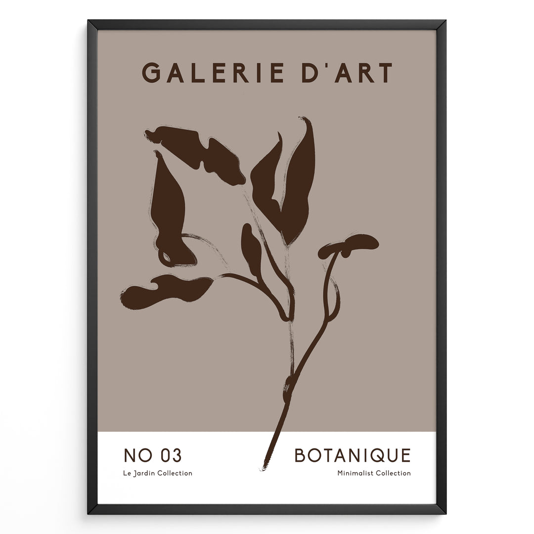 Framed Galerie D’Art Botanique poster featuring minimalist brown botanical line art on a taupe background with white text area.