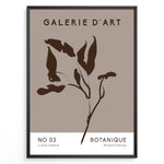 Indlæs billede til gallerivisning Framed Galerie D’Art Botanique poster featuring minimalist brown botanical line art on a taupe background with white text area.
