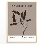 Indlæs billede til gallerivisning Framed Galerie D’Art Botanique poster featuring minimalist brown botanical line art on a taupe background with white text area.

