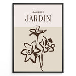 Indlæs billede til gallerivisning Framed Galerie Jardin poster featuring minimalist brown floral line art of blooming flowers on a beige and cream two-tone background.
