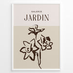 Indlæs billede til gallerivisning Framed Galerie Jardin poster featuring minimalist brown floral line art of blooming flowers on a beige and cream two-tone background.
