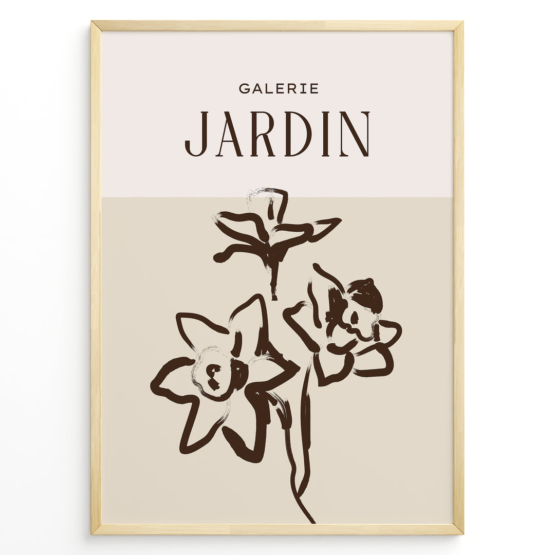 Framed Galerie Jardin poster featuring minimalist brown floral line art of blooming flowers on a beige and cream two-tone background.