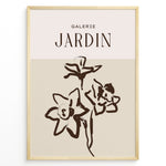 Indlæs billede til gallerivisning Framed Galerie Jardin poster featuring minimalist brown floral line art of blooming flowers on a beige and cream two-tone background.
