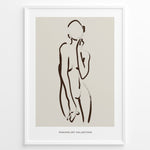 Indlæs billede til gallerivisning Framed minimalist poster featuring abstract brown line art of a female silhouette on a beige background with “Minimalist Collection” text.
