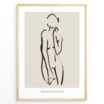 Indlæs billede til gallerivisning Framed minimalist poster featuring abstract brown line art of a female silhouette on a beige background with “Minimalist Collection” text.

