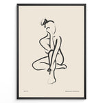Indlæs billede til gallerivisning Framed bohemian collection poster featuring minimalist black line art of a seated female silhouette on a beige background with subtle text.
