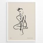 Indlæs billede til gallerivisning Framed bohemian collection poster featuring minimalist black line art of a seated female silhouette on a beige background with subtle text.

