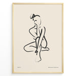 Indlæs billede til gallerivisning Framed bohemian collection poster featuring minimalist black line art of a seated female silhouette on a beige background with subtle text.

