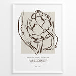 Indlæs billede til gallerivisning Framed Artichaut poster with minimalist brown line art of an artichoke flower on a beige square background, from Le Jardin Fleurí Collection.
