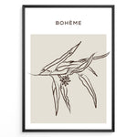 Indlæs billede til gallerivisning Framed Bohème poster featuring minimalist brown line art of botanical leaves and a small flower on a beige square background.
