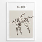 Indlæs billede til gallerivisning Framed Bohème poster featuring minimalist brown line art of botanical leaves and a small flower on a beige square background.
