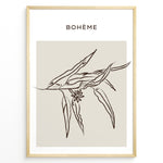 Indlæs billede til gallerivisning Framed Bohème poster featuring minimalist brown line art of botanical leaves and a small flower on a beige square background.
