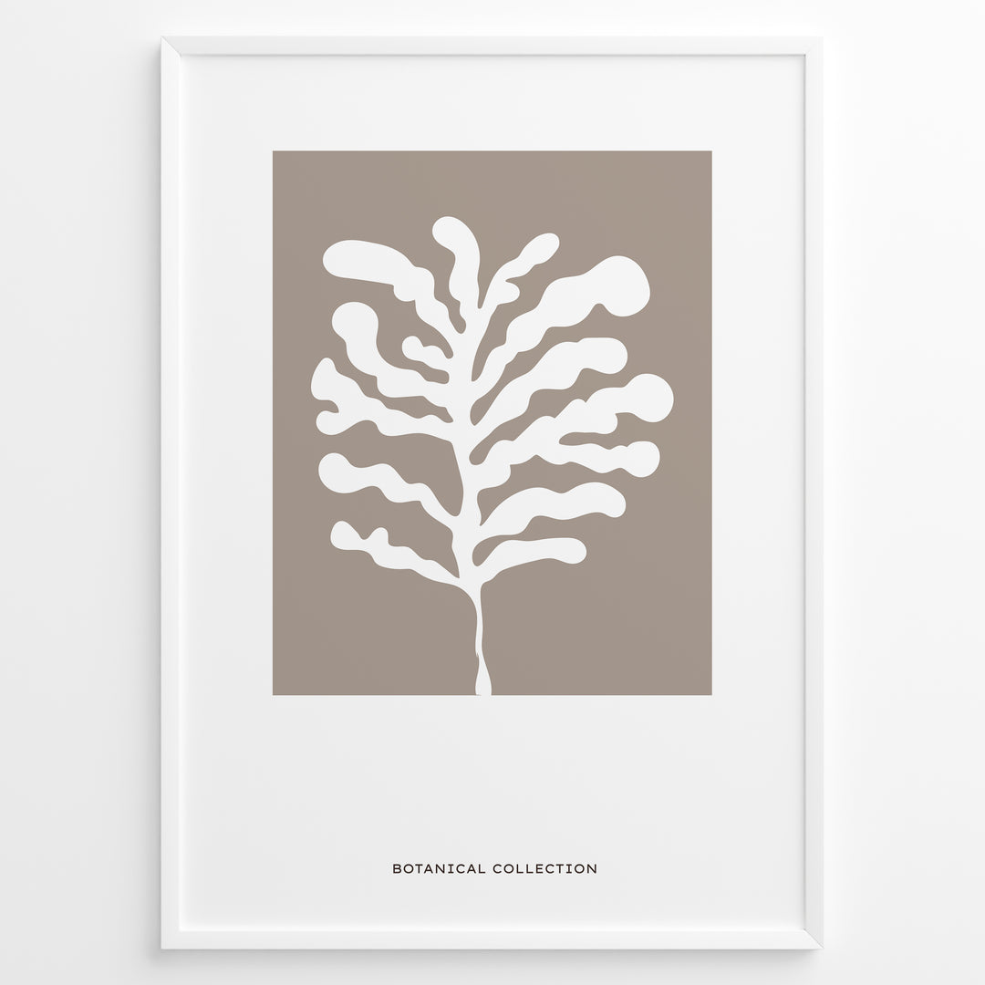 Framed botanical wall art poster showing a white abstract plant design on a taupe background.