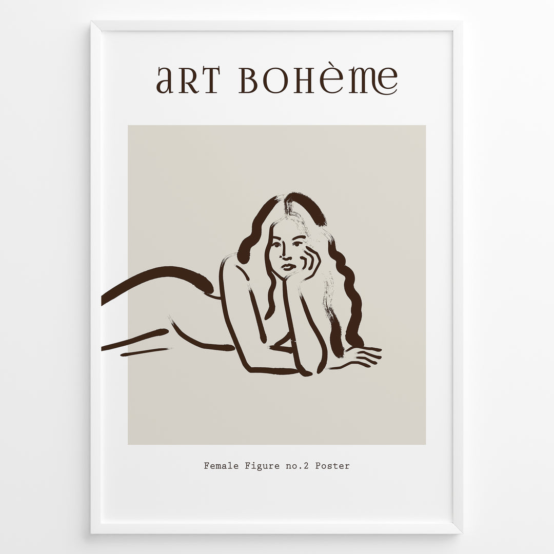 Framed Art Bohème poster featuring minimalist brown line art of a reclining woman with flowing hair on a beige background.