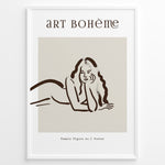 Indlæs billede til gallerivisning Framed Art Bohème poster featuring minimalist brown line art of a reclining woman with flowing hair on a beige background.
