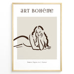 Indlæs billede til gallerivisning Framed Art Bohème poster featuring minimalist brown line art of a reclining woman with flowing hair on a beige background.
