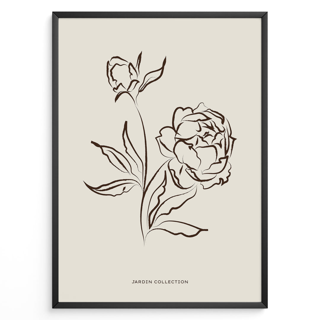 Framed Jardin Collection poster featuring brown line art of blooming peony flowers and leaves on a beige background in a minimalist style.
