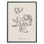 Indlæs billede til gallerivisning Framed Jardin Collection poster featuring brown line art of blooming peony flowers and leaves on a beige background in a minimalist style.
