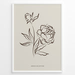 Indlæs billede til gallerivisning Framed Jardin Collection poster featuring brown line art of blooming peony flowers and leaves on a beige background in a minimalist style.
