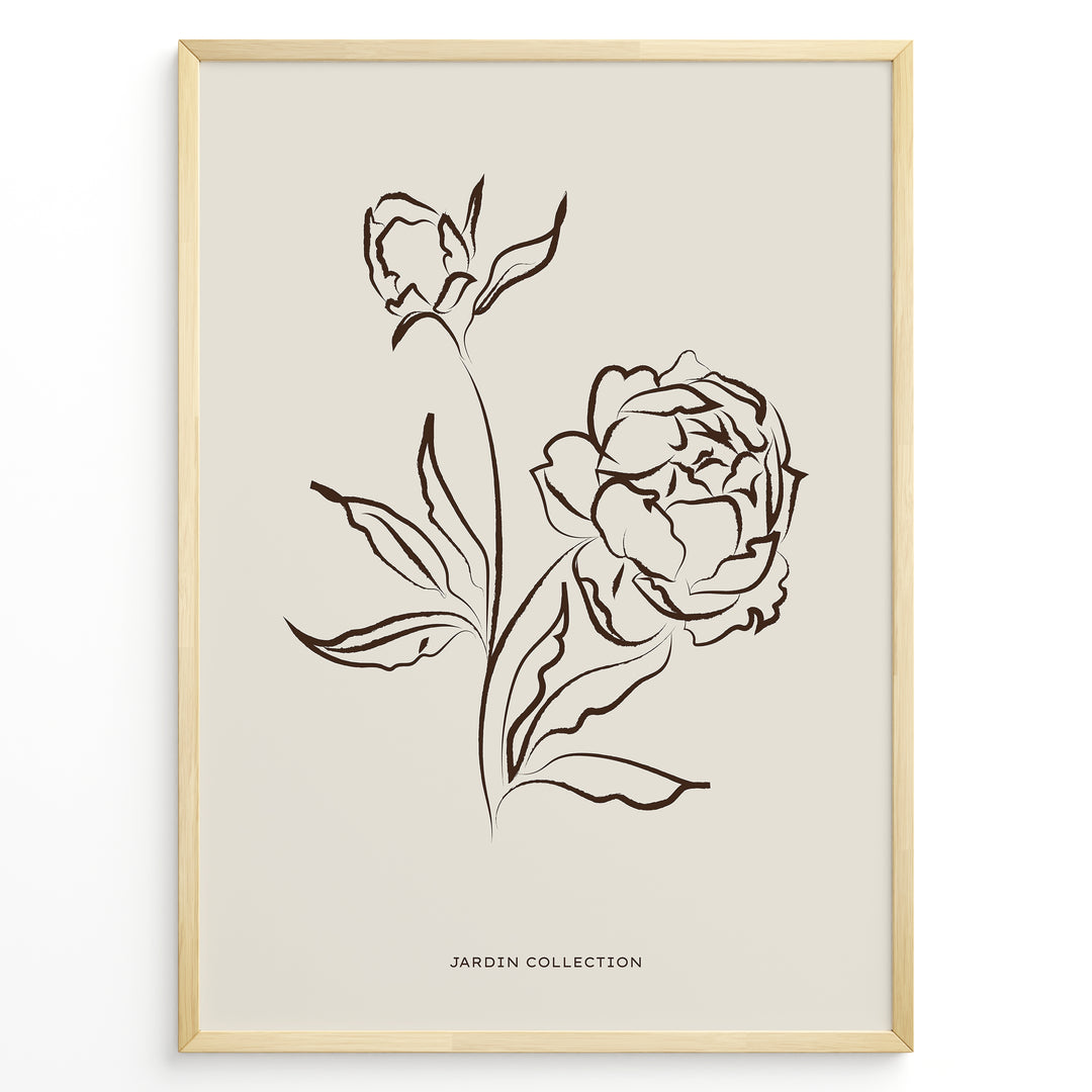 Framed Jardin Collection poster featuring brown line art of blooming peony flowers and leaves on a beige background in a minimalist style.
