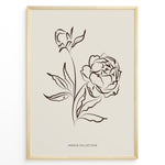 Indlæs billede til gallerivisning Framed Jardin Collection poster featuring brown line art of blooming peony flowers and leaves on a beige background in a minimalist style.
