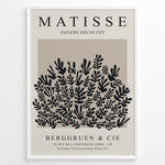 Indlæs billede til gallerivisning Framed Matisse Papiers Découpés poster featuring black botanical cut-out shapes on a taupe background.
