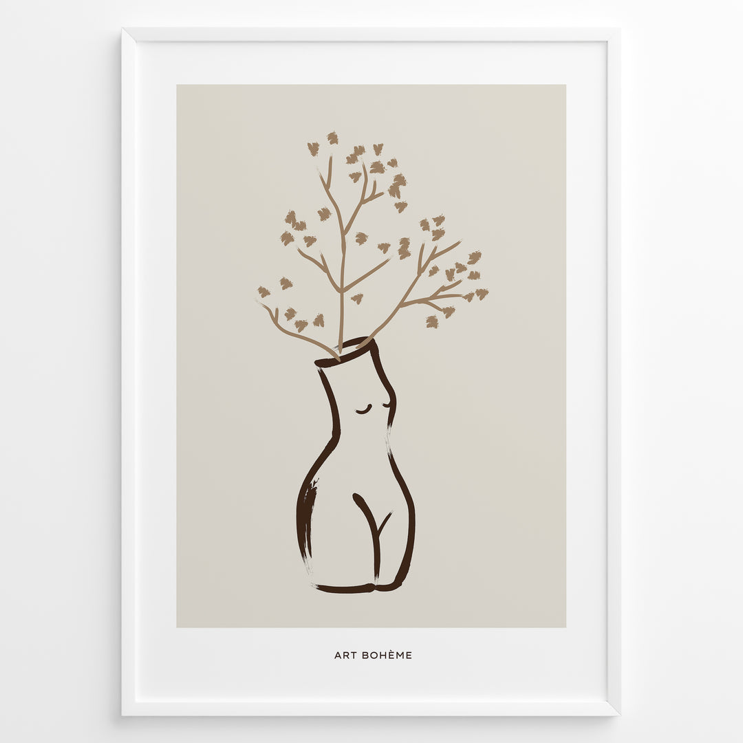 Framed Art Bohème poster featuring a minimalist vase in the shape of a female body holding brown floral branches on a neutral beige background.