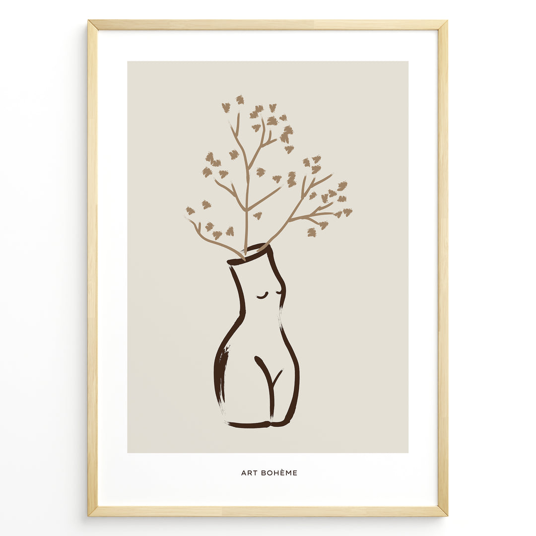 Framed Art Bohème poster featuring a minimalist vase in the shape of a female body holding brown floral branches on a neutral beige background.