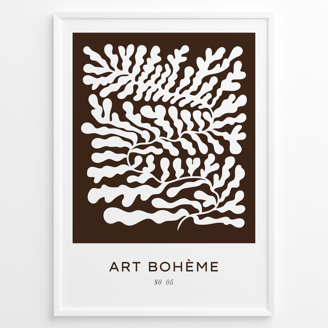 Framed Art Bohème poster showing abstract white leaf patterns on a dark brown background with minimalist text at the bottom.