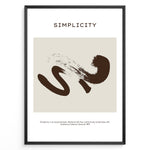 Indlæs billede til gallerivisning Framed “Simplicity” poster featuring a brown abstract brushstroke design on a beige background with a motivational quote at the bottom.
