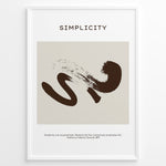 Indlæs billede til gallerivisning Framed “Simplicity” poster featuring a brown abstract brushstroke design on a beige background with a motivational quote at the bottom.
