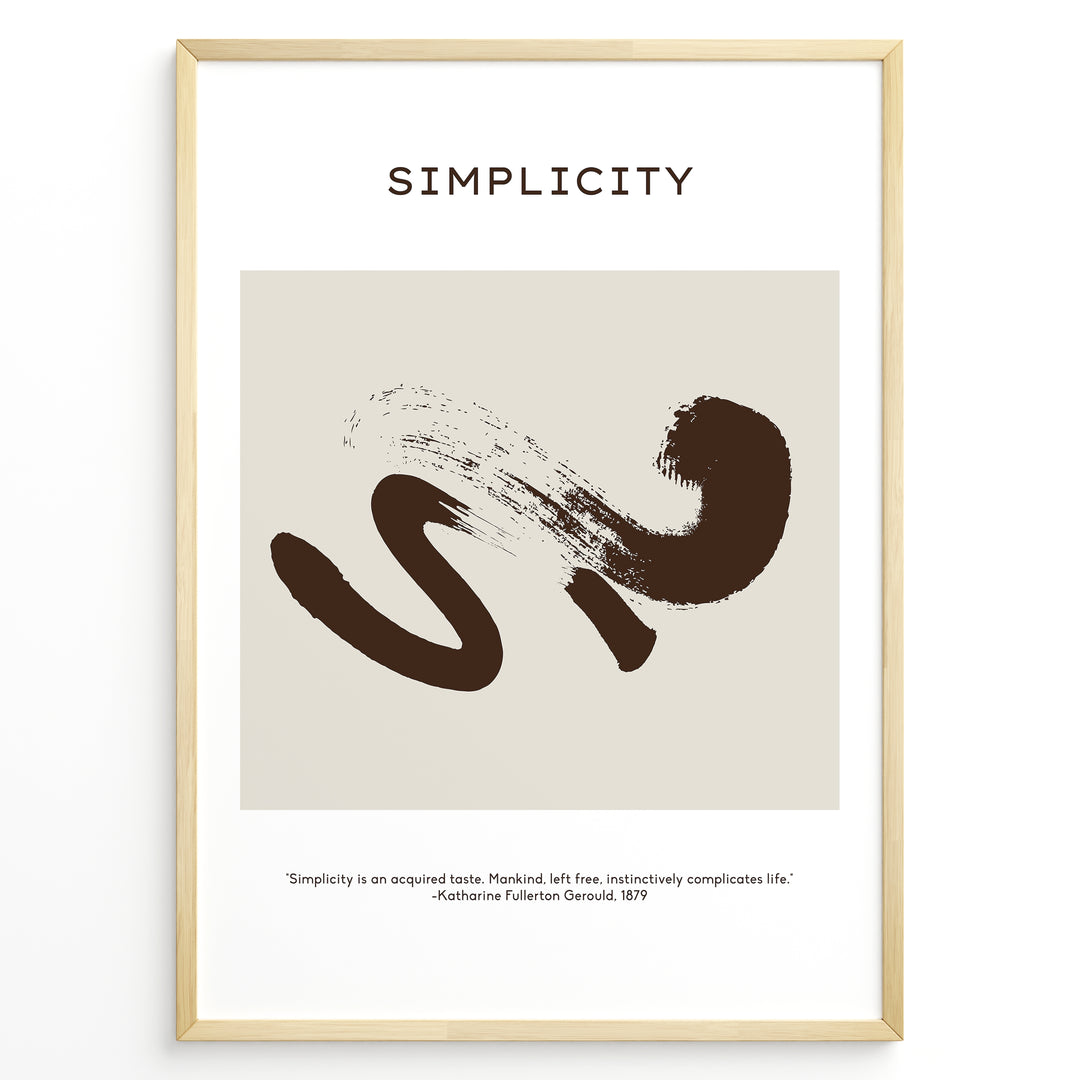 Framed “Simplicity” poster featuring a brown abstract brushstroke design on a beige background with a motivational quote at the bottom.