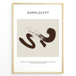 Indlæs billede til gallerivisning Framed “Simplicity” poster featuring a brown abstract brushstroke design on a beige background with a motivational quote at the bottom.
