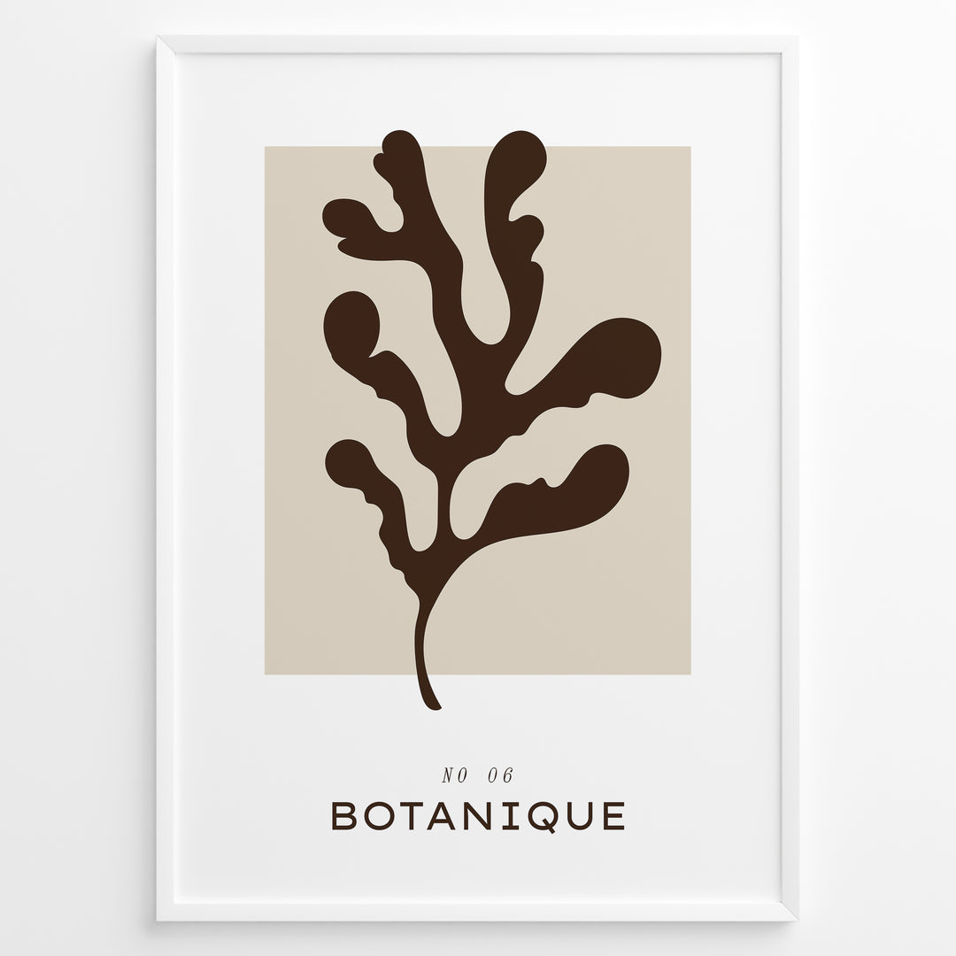 Framed “Botanique No.06” poster with abstract brown leaf design on a soft beige background in minimalist modern style.