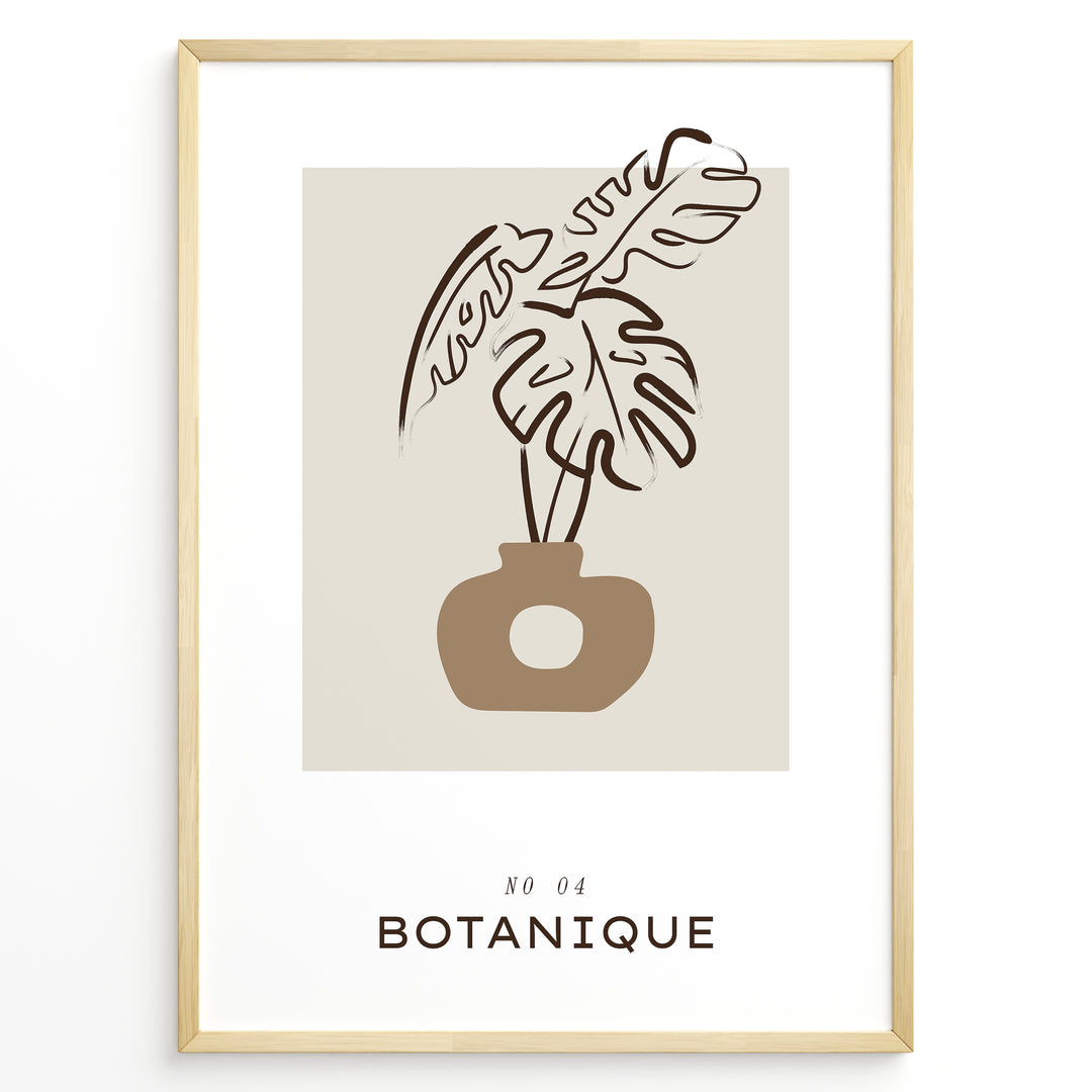 Framed “Botanique No.04” poster with abstract brown vase and plant leaf design on a beige background in a minimalist art style.
